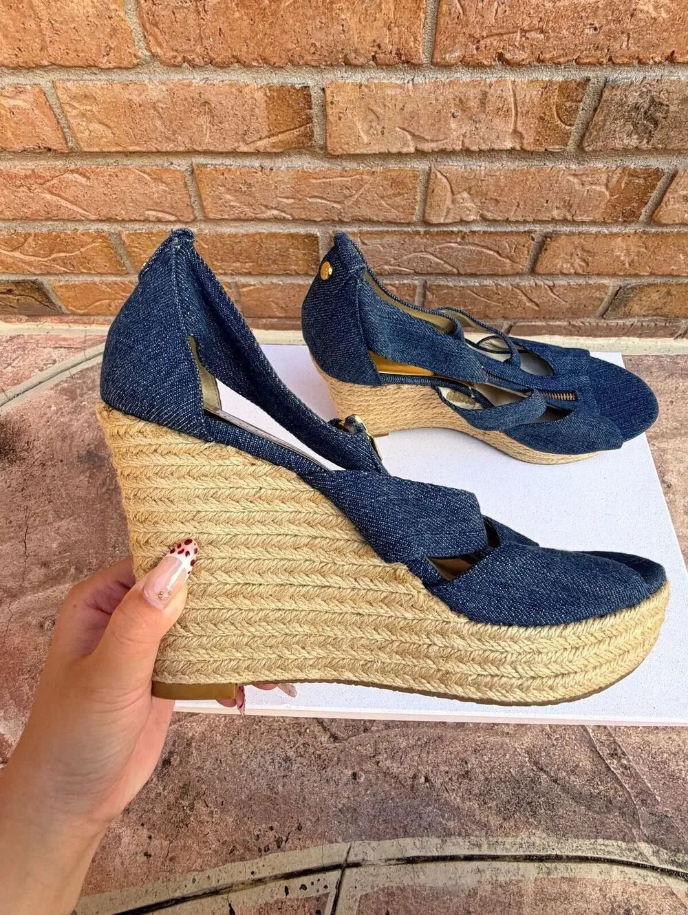 Michael Kors Denim Espadrille Wedge Sandals Gold Zip Front
